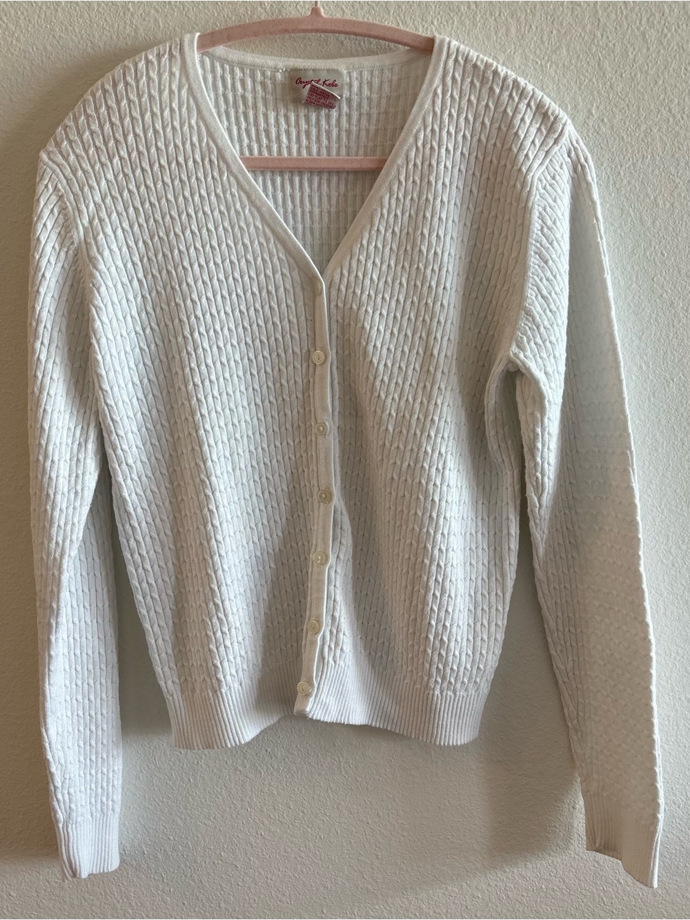 Vintage Crystal Kole V-Neck White Knit Button Up Cardigan Sweater Size M
